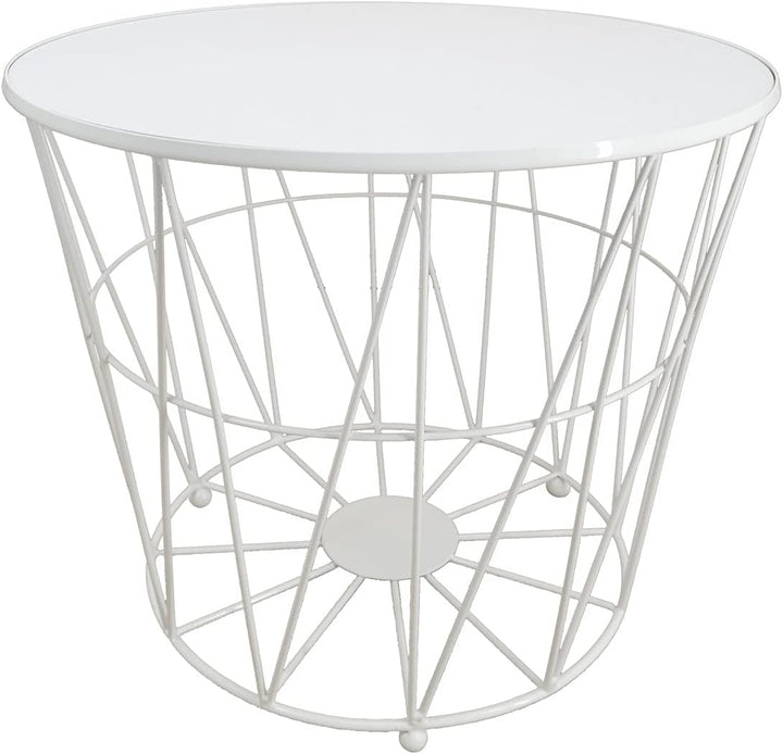 PrimoLiving Design Beistelltisch Weiss mit Deckel - Metall Drahtkorb mit Holzdeckel "Diagonal" P-840