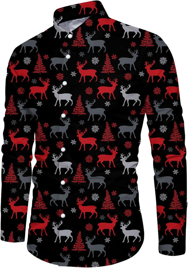 Goodstoworld Weihnachtshemd Herren Weihnachten Muster 3D Bedruckte Langärm Slim Fit Stehkragen Bügel