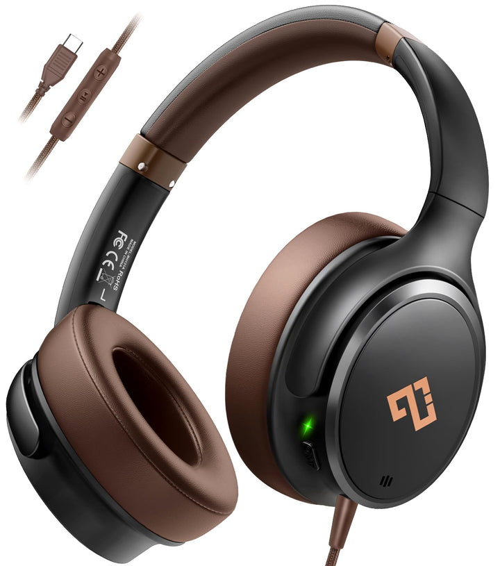INFURTURE USB C Kopfhörer mit Kabel Noise Cancelling Kopfhoerer Over Ear | Braune Kopfhörer, 28 dB A