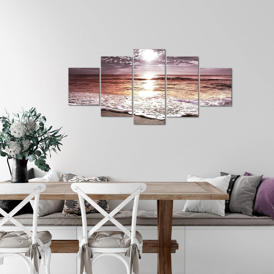 Runa Art Wandbilder Sonnenuntergang Strand 5 Teilig Bild auf Vlies Leinwand Deko Schlafzimmer Wohnzi