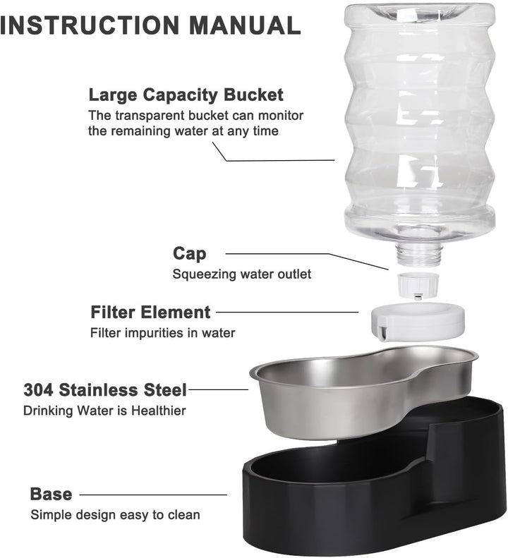 Sfozstra Wassernapfspender für Hunde - 6L Lagre Edelstahl - BPA-frei - Automatischer schwarzer Schwe