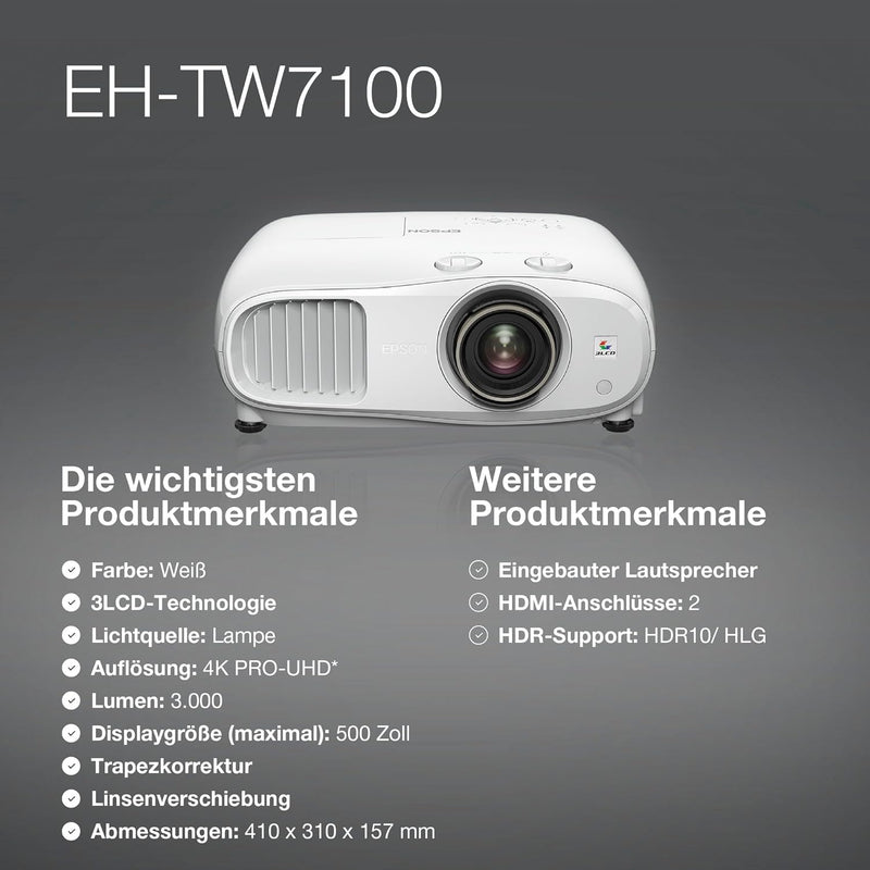 Epson EH-TW7100 4K Pro-UHD 3LCD-Beamer (3.000 Lumen Weiss- und Farbhelligkeit, Kontrastverhältnis 10