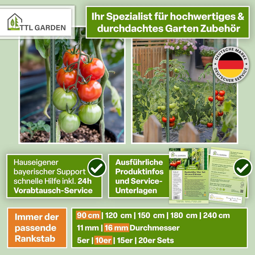 TTL GARDEN Rankstäbe 10er Set 90cm x 16mm Ø grün - extra stabile 16 mm Rankhilfe Pflanzstäbe + Klett