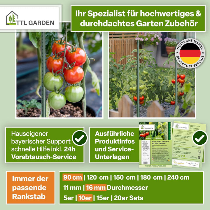 TTL GARDEN Rankstäbe 10er Set 90cm x 16mm Ø grün - extra stabile 16 mm Rankhilfe Pflanzstäbe + Klett