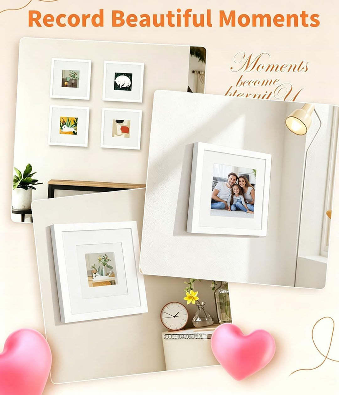 Bilderrahmen 30x30 cm 4er Set, Weiss Freistehende Fotorahmen mit Passepartout für 20x20 cm Fotos, Ho