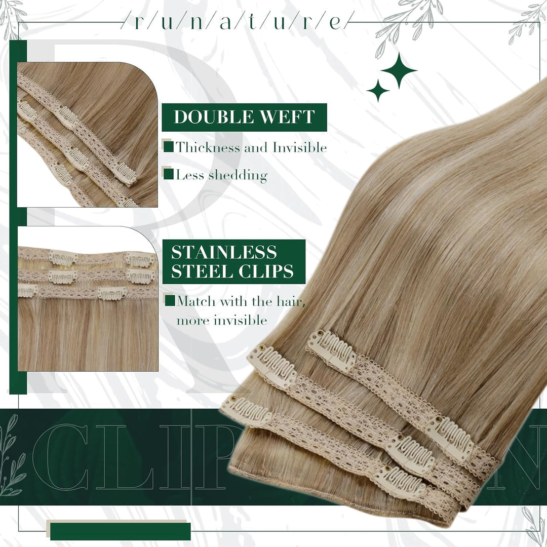 RUNATURE Clip in Extensions Echthaar Dunkel Aschblond mit Goldblond Clip in Haarextension Echthaar C