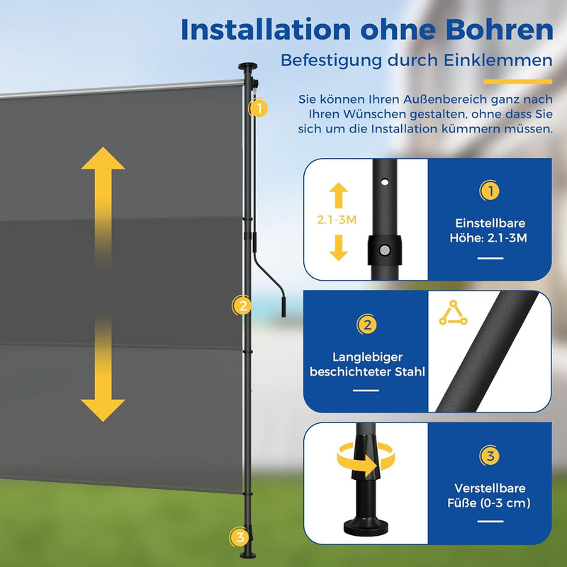 HOMEDEMO Senkrechtmarkise Aussen, Vertikalmarkise ohne Bohren, Balkonrollo mit Handkurbel, Sichtschu