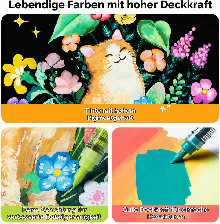 Ohuhu Acrylstifte mit Pinselspitze 48 Farben – Auto-Tintenregulierung, Hochdeckende Acrylic Markers,