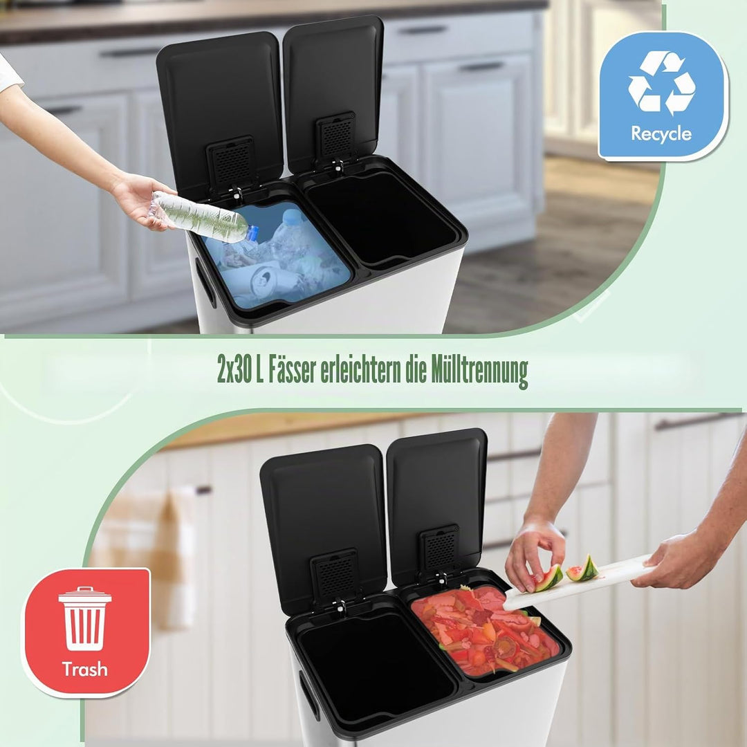 GIANTEX Mülleimer 2 Fächer 2 x 30 L, Doppelmülleimer Abfalleimer Küche, Küchenmülleimer Küchenabfall