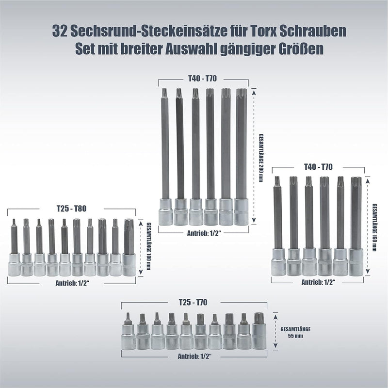 32 tlg Torx Steckschlüssel Satz T25 - T80 Innen Nüsse Bits Werkzeug Set Nuss