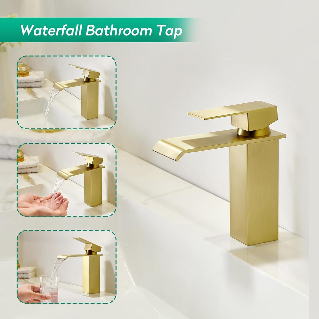 CREA Wasserhahn Bad Wasserfall, Waschtischarmatur mit Ablaufgarnitur, Mischbatterie Bad mit Auslauf