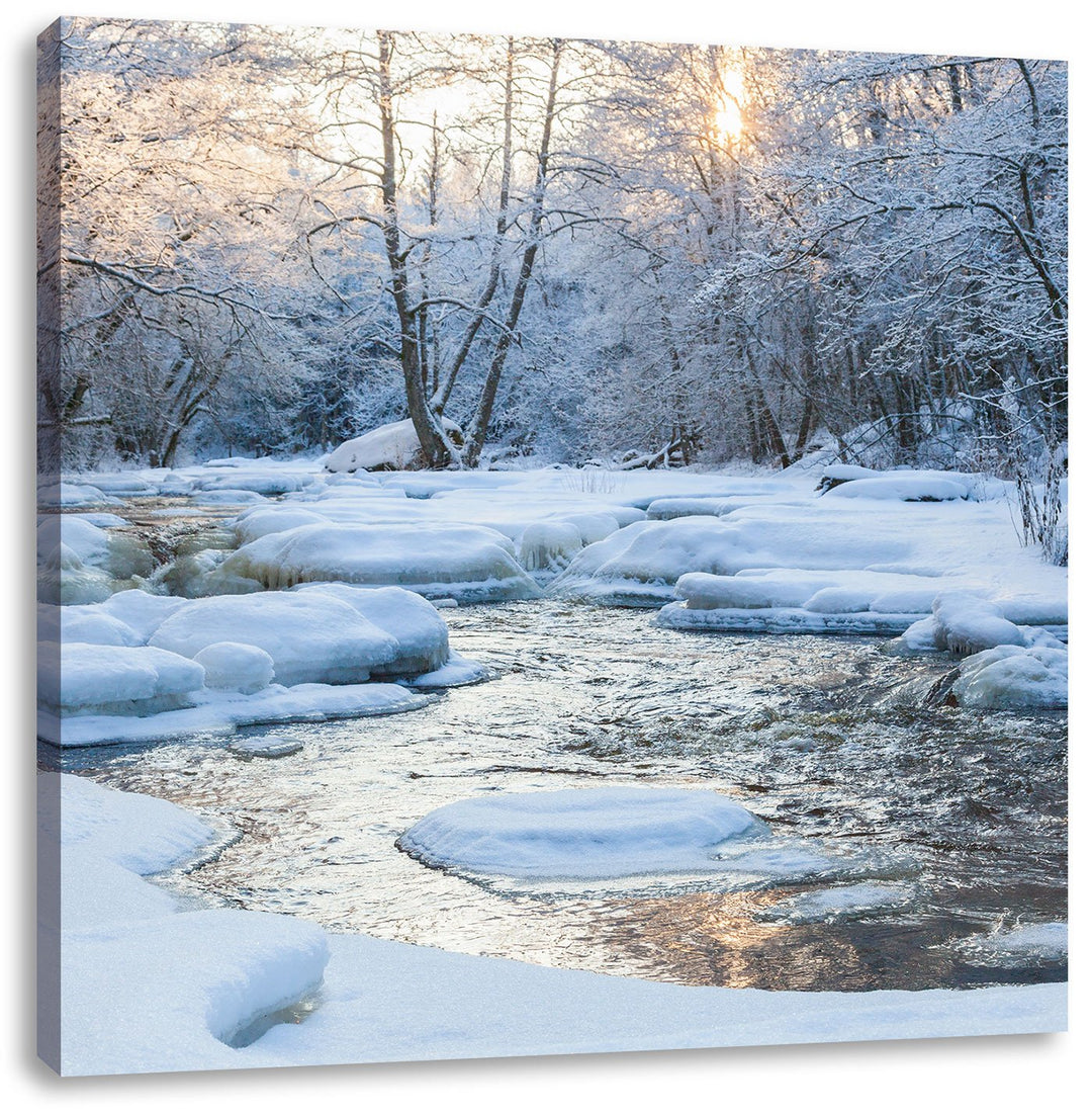Bach in Winterlandschaft, Format: 70x70 auf Leinwand, XXL riesige Bilder fertig gerahmt mit Keilrahm