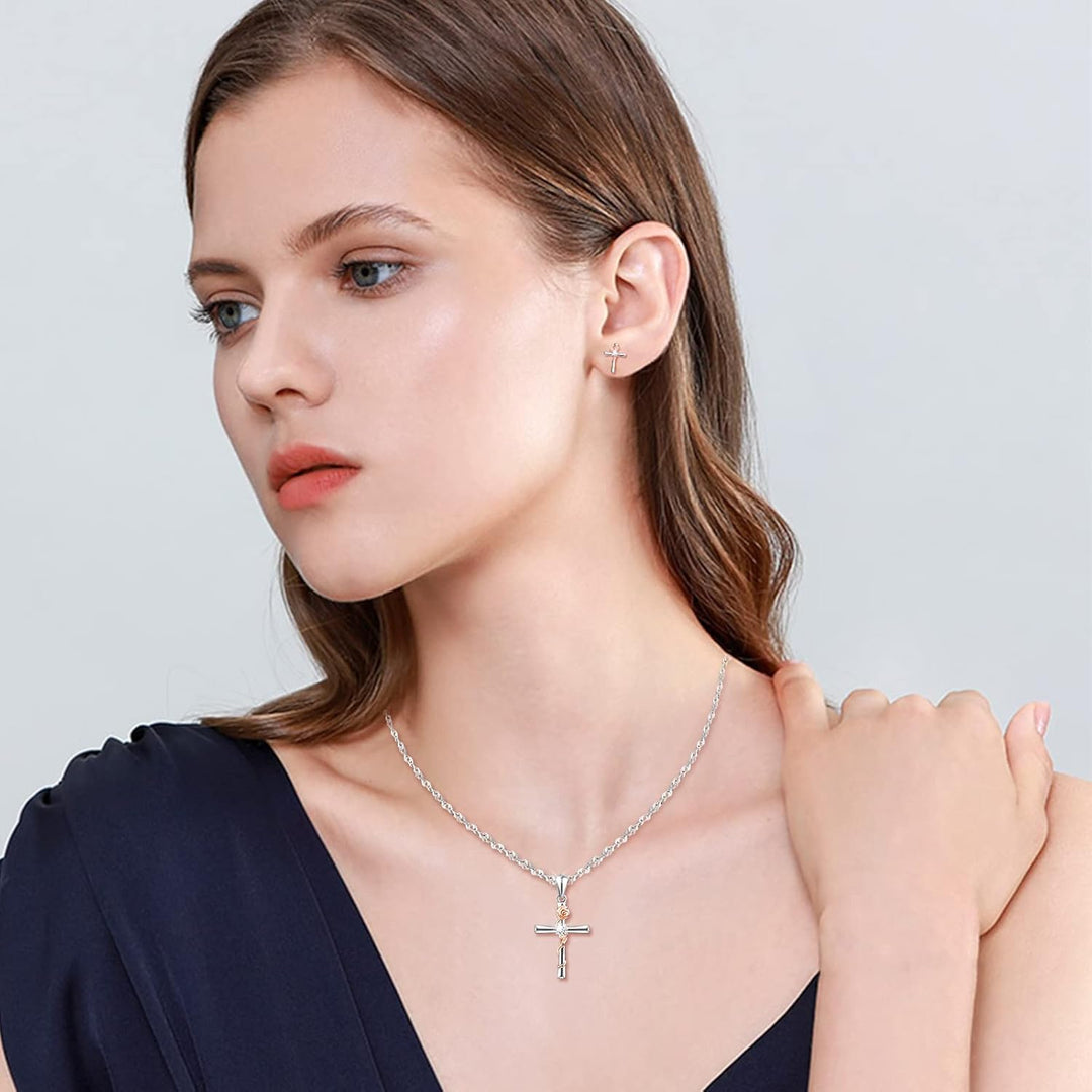 Yumilok Damen Schmuckset Halskette Kette Ohrringe Set Zirkonia Kreuz Rose Halskette mit Ohrringe für