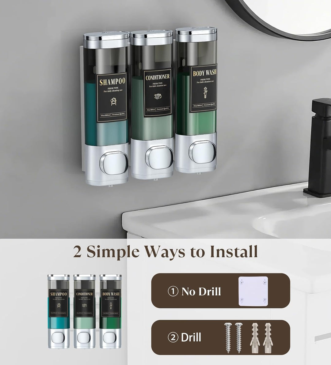 Luxspire Shampoo- und Conditioner-Spender, bohrerloser Wand-Duschseifenspender mit 3 Kammern und was