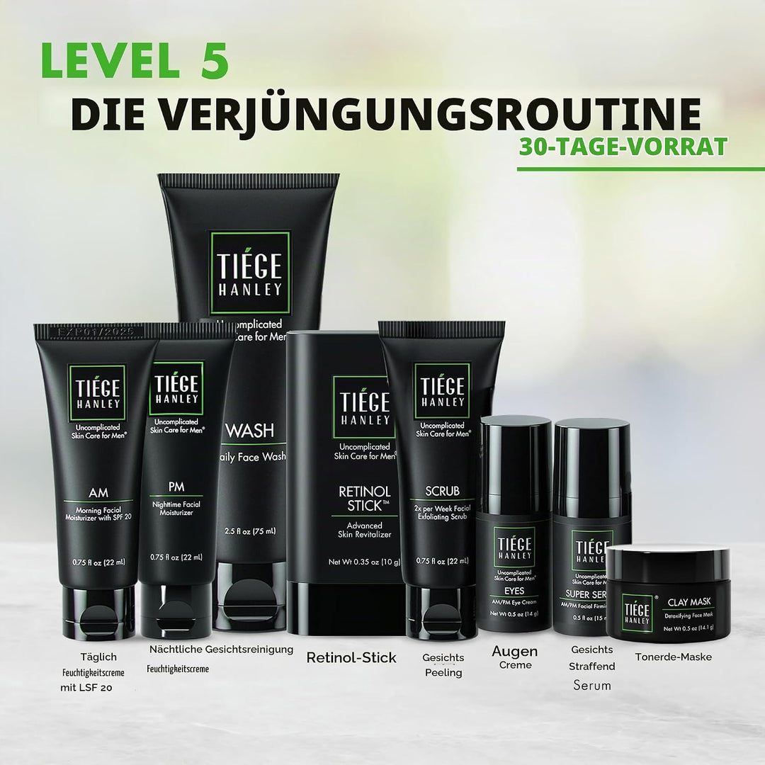 Tiege Hanley Hautpflege-Set für Herren, Verjüngungsroutine (Systemstufe 5) – Gesichtswäsche, Peeling