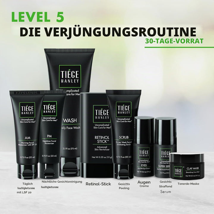 Tiege Hanley Hautpflege-Set für Herren, Verjüngungsroutine (Systemstufe 5) – Gesichtswäsche, Peeling