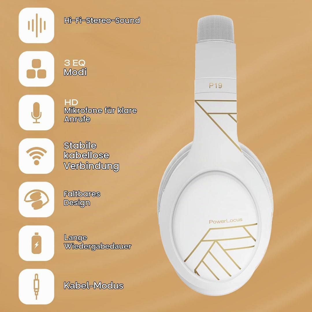 PowerLocus Bluetooth Kopfhörer Over Ear, Kopfhörer Kabellos mit 3-EQ modi, 60std. Spielzeit, Hi-Fi-S
