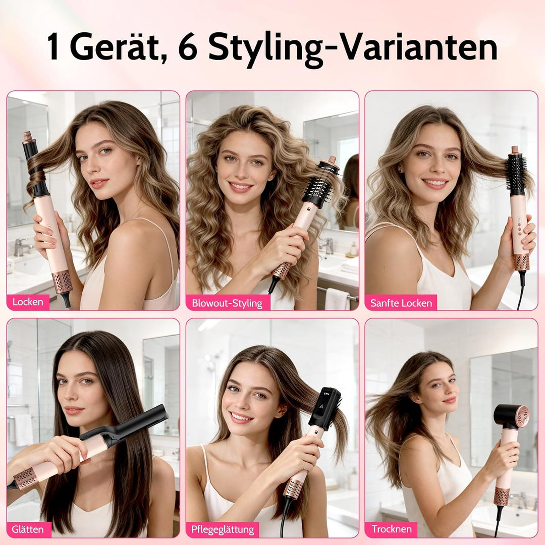 6 in 1 Hairstyler,1400w Hochgeschwindigkeits Airstyler rundbürstenföhn mit Lockenstab Automatisch, W