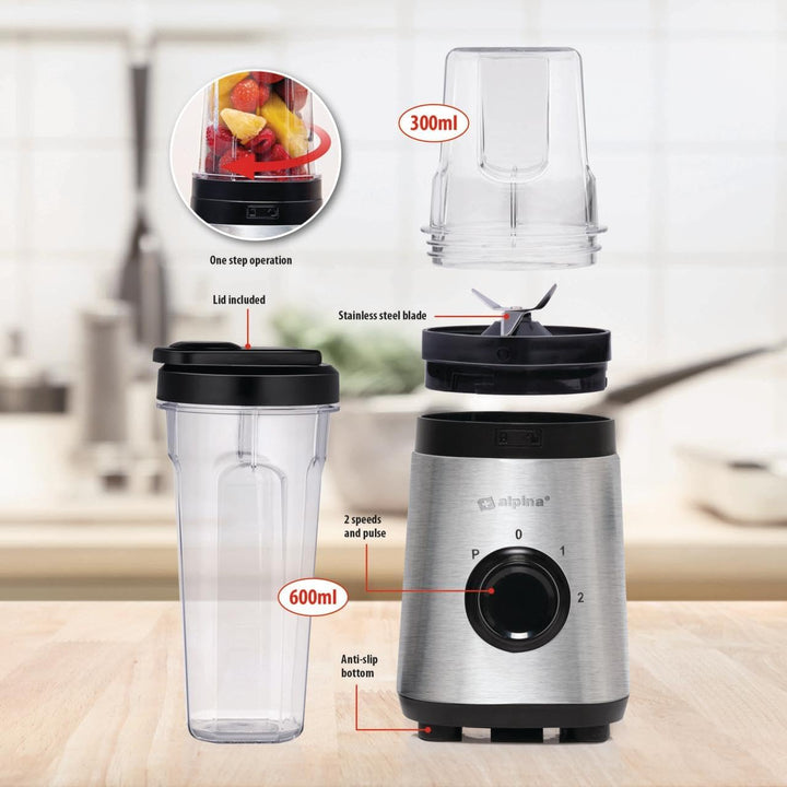 alpina Smoothie Maker Mixer - Smoothie Mixer 300W - Inkl. Smoothie Becher 300ml und 600ml - 2 Geschw