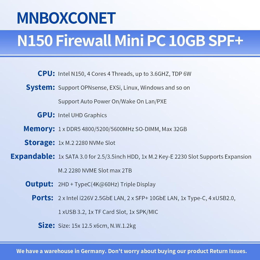 S2 Mini PC N150 10GBE SFP+, Firewall Appliance Micro Büro Hardware, DDR5 8GB RAM 128GB SSD, 2xi226V