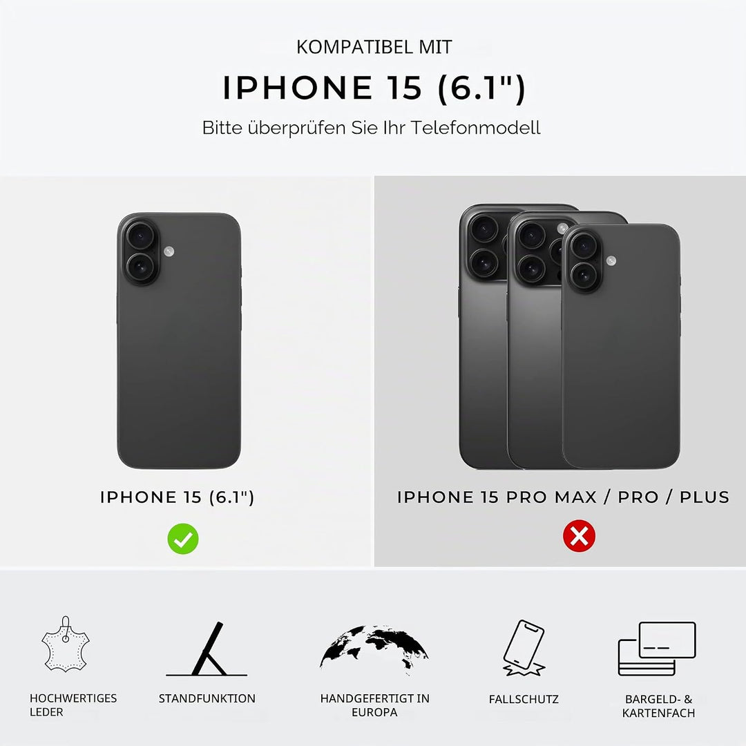 Snakehive Schutzhülle für iPhone 15 - Klapphülle Echte Lederhülle mit Standfunktion - Handmade in Eu