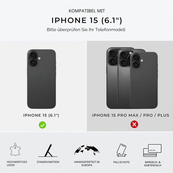 Snakehive Schutzhülle für iPhone 15 - Klapphülle Echte Lederhülle mit Standfunktion - Handmade in Eu
