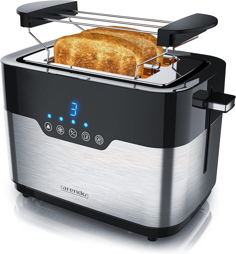 Arendo - Edelstahl Toaster 2 Scheiben mit LED Anzeige – Brötchenaufsatz - extra breite Schlitze – 7