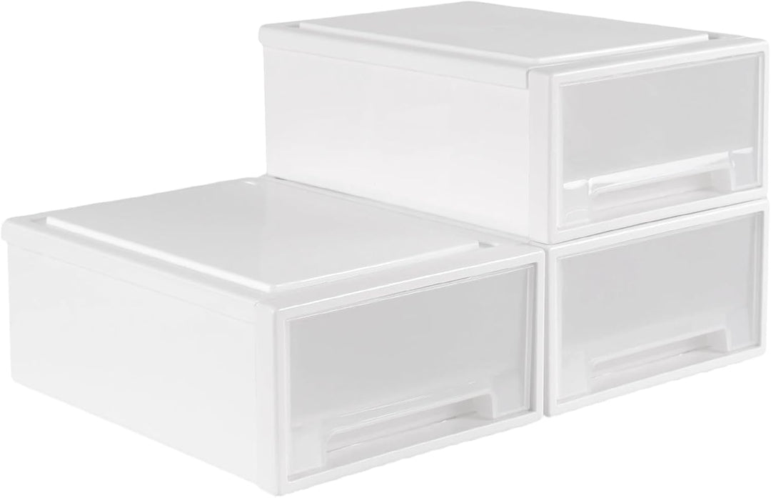 3 Stück 27 x 18 x 10cm Weiss Schubladenbox Kunststoff, Stapelbare Schubladenboxen, Schreibtisch Orga