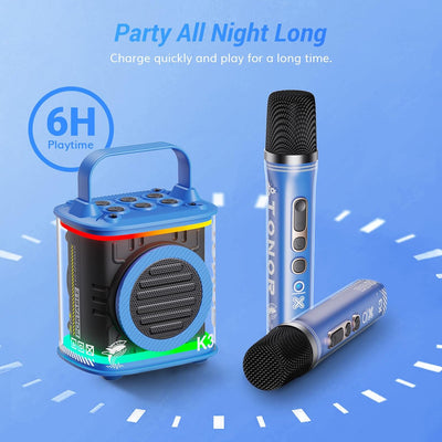 TONOR Mini-Karaoke-Maschine mit zwei kabellosen Mikrofonen, tragbarer Bluetooth-Karaoke-Lautsprecher