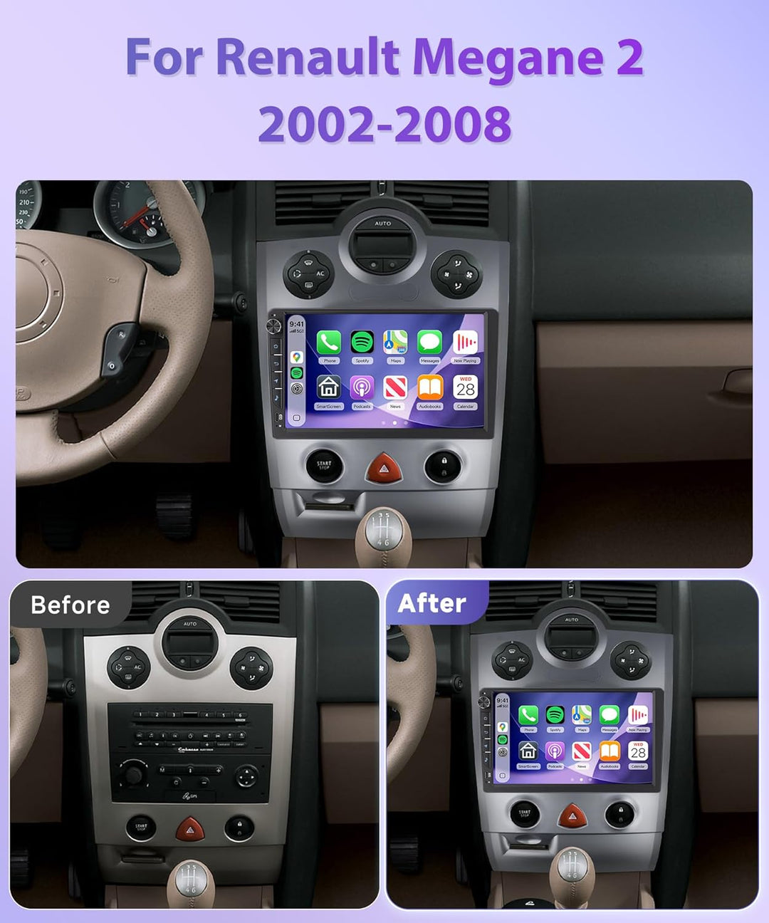 Rimoody 4G+64G Android Autoradio für Renault Megane 2 2002-2008 Wireless Carplay Android Auto, 9 Zol
