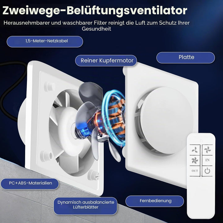 Badlüfter mit Fernbedienung 100 mm, leistungsstarke Abluftventilator mit 2 Richtungen Ventilaton und