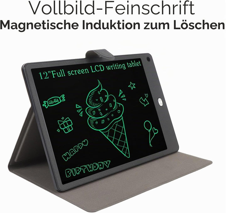 Topiky 12 Zoll LCD Tablet mit PU Hülle und Stift, Digitaler Vollbildnotiz für Kinder und Erwachsene,