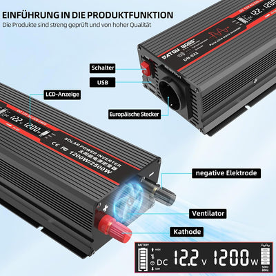 DATOUBOSS 1200W Wechselrichter 12V Auf 230V Reiner Sinus Spannungswandler Spitzenleistung 2500W Mit