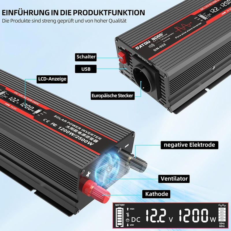 DATOUBOSS 1200W Wechselrichter 12V Auf 230V Reiner Sinus Spannungswandler Spitzenleistung 2500W Mit