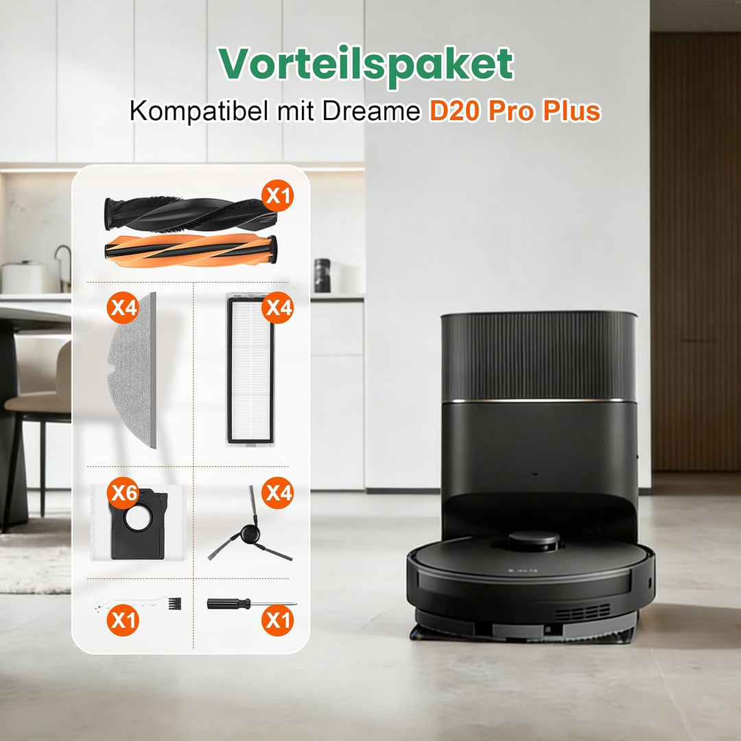 21 Stück Zubehör für Dreame D20 Pro Plus Saugroboter, 1 Paar Hauptbürste, 6 Staubbeutel, 4 Filter, 4