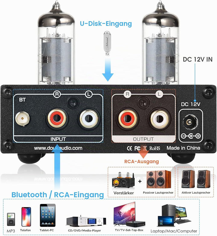 Douk Audio P6-mini HiFi Bluetooth Röhrenvorverstärker Mini Stereo Valve Vorverstärker Tube Preamp mi