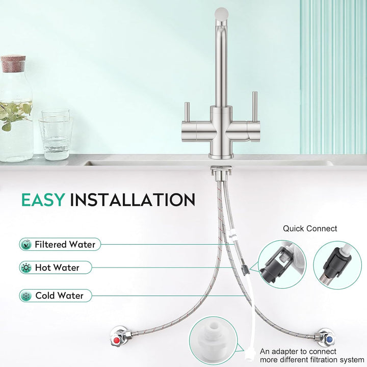 CREA 3 Wege Wasserhahn Küche, 360° Drehbar Küchenarmatur, 3 in 1 Mischbatterie für Wasserfilter, Tri