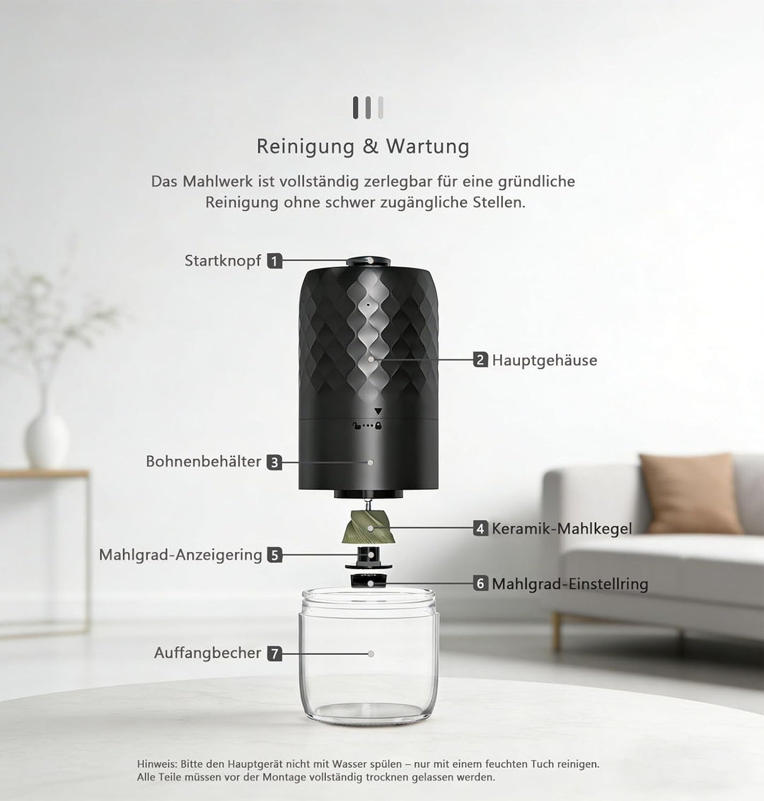 Elektrische Kaffeemühle Tragbar - Kegelmahlwerk mit 5 einstellbaren Mahlgraden, USB-C-Schnellladung