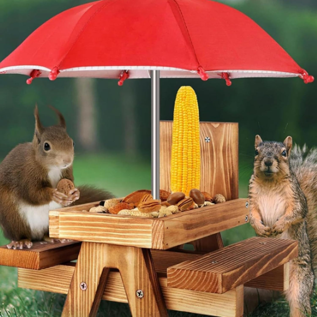 Eichhörnchen Futterhaus Wetterfest, Eichhörnchen-Futtertisch aus Holz mit Regenschirm und Maiskolben