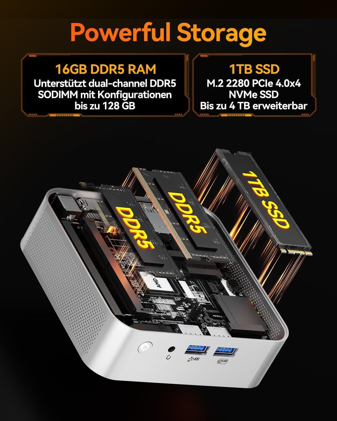 GEEKOM A8 [Die besten Office Mini-PCs] Mini PC mit AMD Ryzen 7 8745HS(3-Jahren-Garantie), 16GB DDR5