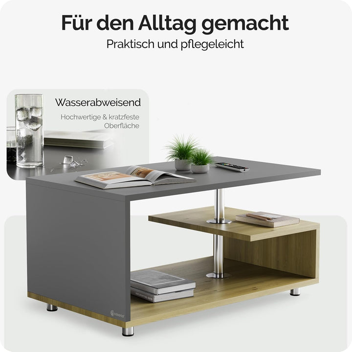 Casaria® Couchtisch Grau Holz Modern mit Stauraum 95x55cm Edelstahl Füsse Rund Höhenverstellbar Abla