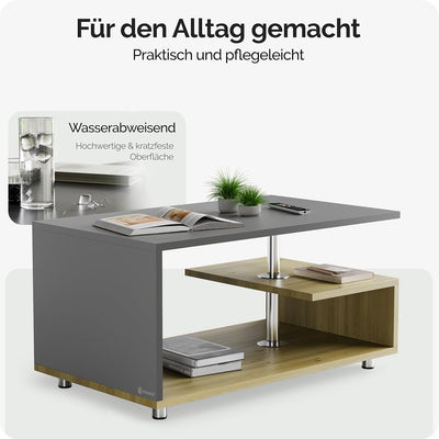 Casaria® Couchtisch Grau Holz Modern mit Stauraum 95x55cm Edelstahl Füsse Rund Höhenverstellbar Abla