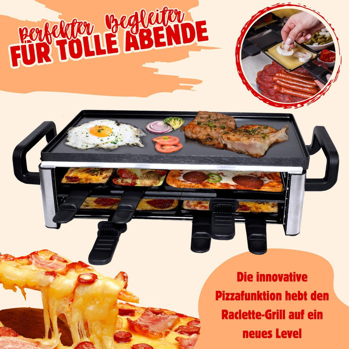 Syntrox Raclette Grill 16 Personen mit Pizzagrill, 16 Pfännchen Emailliert, Edelstahl Tischgrill für
