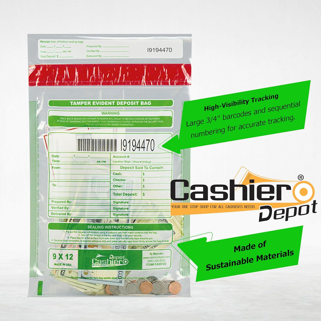 Cashier Depot Manipulationssichere Bankeintüten, 22,9 x 30,5 cm, transparent, serialisierte Nummerie