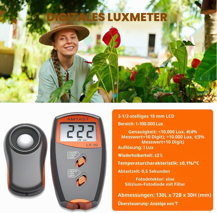 Digitale Luxmeter Lichtmessung Beleuchtungsmessgerät LX-90 Lichtmesser mit LCD-Display, Bereich 0-10