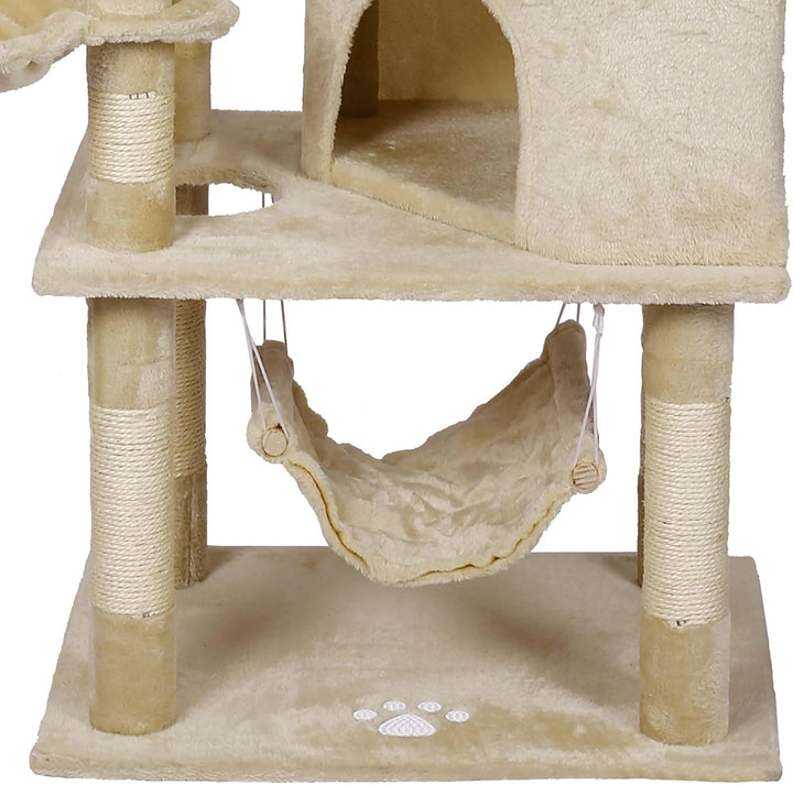 Katzenkratzbaum beige mit Pfotenmotiv 145cm Kratzbaum mit Hängematten, Katzenhäusern und Spielbälle
