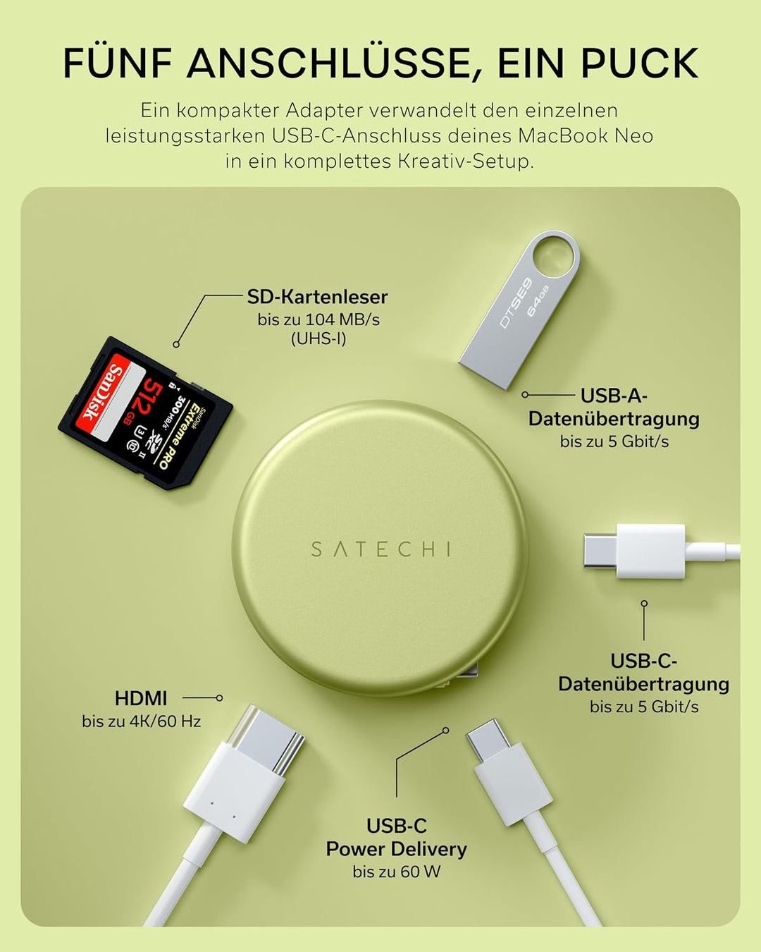 SATECHI USB-C Hub OntheGo™ 5-in-1, HDMI 4K@60 Hz, Zitrus | PD 60 W, SD-Kartenleser, USB-A und USB-C