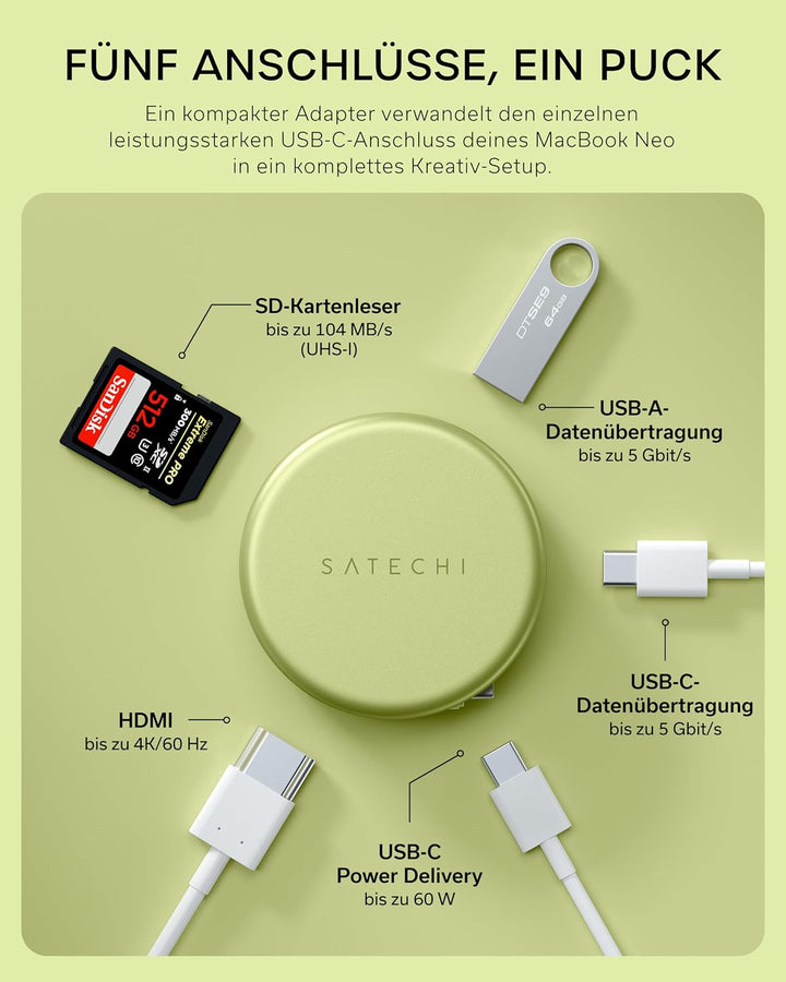 SATECHI USB-C Hub OntheGo™ 5-in-1, HDMI 4K@60 Hz, Zitrus | PD 60 W, SD-Kartenleser, USB-A und USB-C