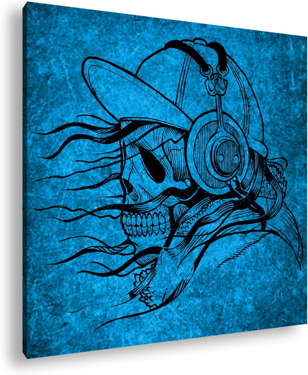 deyoli unheimlicher Totenkopf mit Kopfhörern Format: 70x70 Effekt: Monocrome Blau als Leinwandbild,