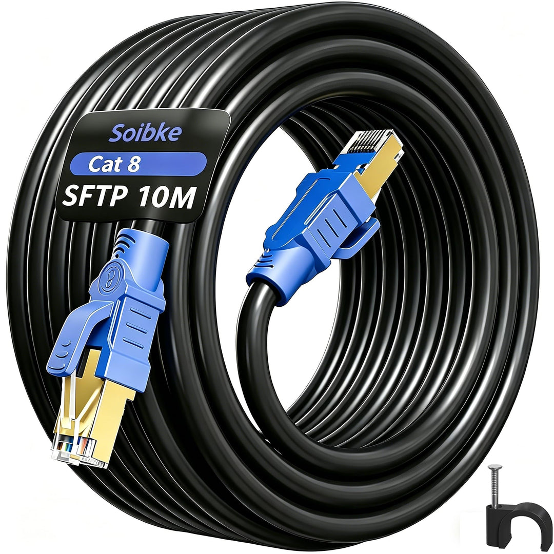 Soibke LAN Kabel 10 Meter Cat 8, Schwarz Internet Kabel Ethernet Kabel High Speed Netzwerkkabel Hoch